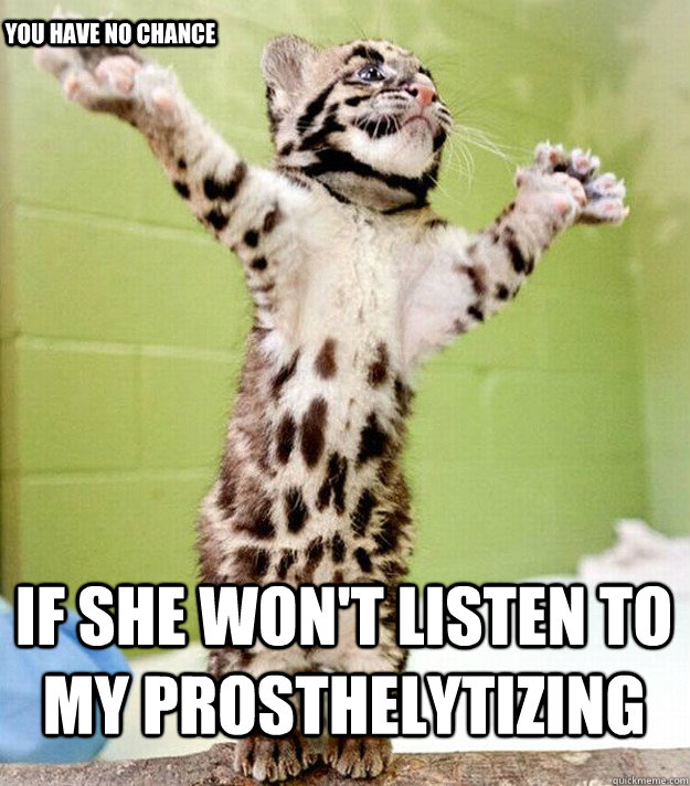 If she won't listen to my prosthelytizing you have no chance  PastorCat