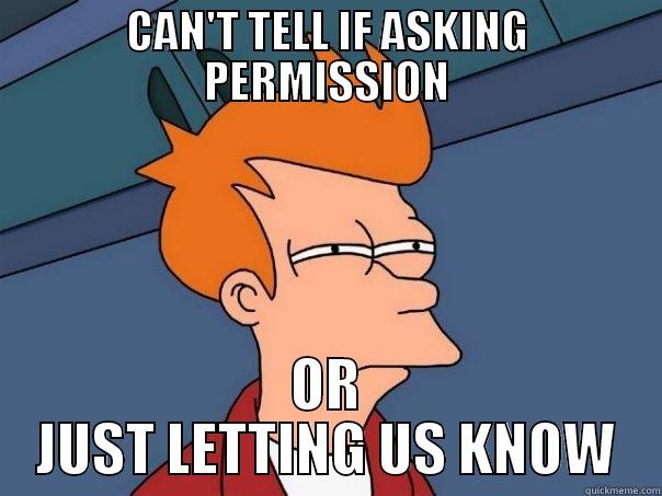 CAN'T TELL IF ASKING PERMISSION OR JUST LETTING US KNOW Futurama Fry