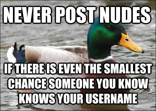 never post nudes if there is even the smallest chance someone you know knows your username  Actual Advice Mallard