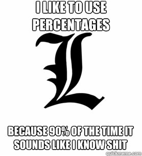 I like to use percentages Because 90% of the time it sounds like I know shit - I like to use percentages Because 90% of the time it sounds like I know shit  Genius Detective L