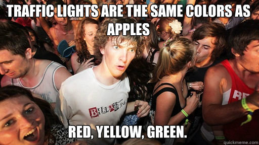 Traffic lights are the same colors as apples Red, yellow, green.  Sudden Clarity Clarence