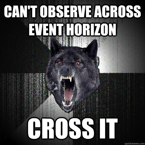 can't observe across event horizon cross it  Insanity Wolf