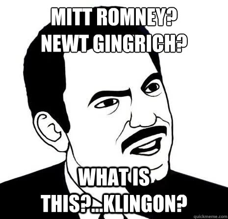 Mitt Romney?
Newt Gingrich? What is this?...Klingon?  