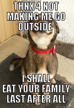 THNX 4 NOT MAKING ME GO OUTSIDE  I SHALL EAT YOUR FAMILY LAST AFTER ALL Good Dog Greg