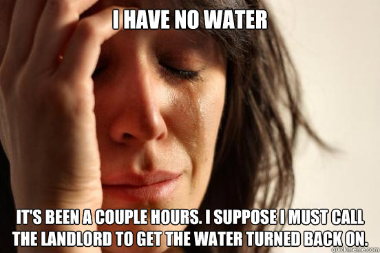 I have no water It's been a couple hours. I suppose I must call the landlord to get the water turned back on.  First World Problems
