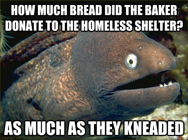 How much bread did the baker donate to the homeless shelter? As much as they kneaded  Bad Joke Eel