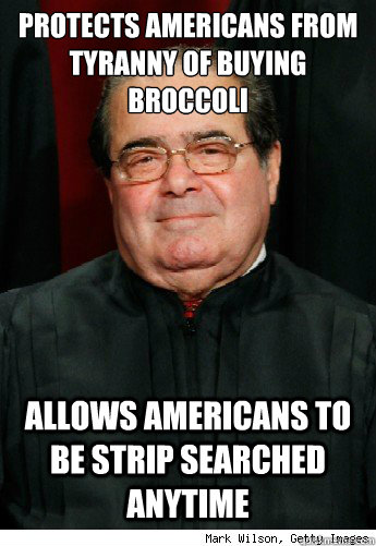 Protects Americans from tyranny of Buying broccoli  Allows Americans to be strip searched anytime - Protects Americans from tyranny of Buying broccoli  Allows Americans to be strip searched anytime  Scumbag Scalia