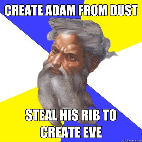 create adam from dust steal his rib to  create eve  Advice God