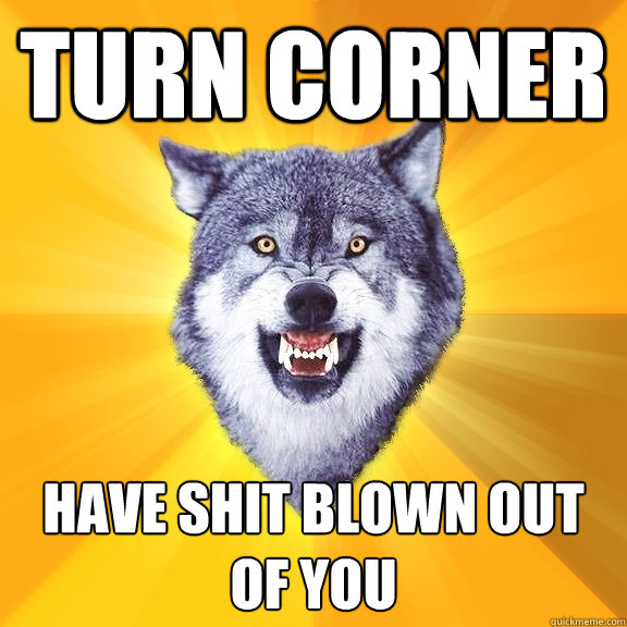 Turn Corner Have shit blown out of you  Courage Wolf