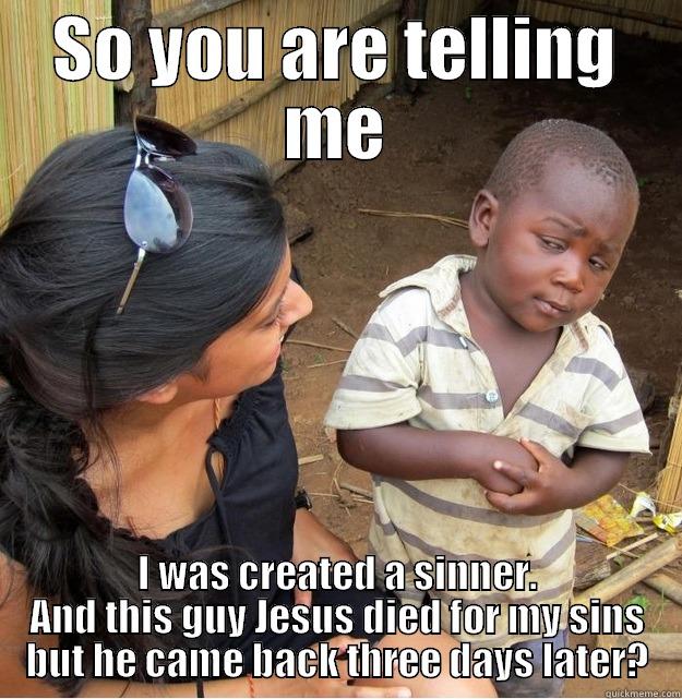 SO YOU ARE TELLING ME I WAS CREATED A SINNER. AND THIS GUY JESUS DIED FOR MY SINS BUT HE CAME BACK THREE DAYS LATER? Skeptical Third World Kid