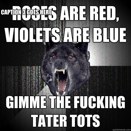 roses are red, violets are blue Gimme the fucking tater tots  Caption 3 goes here  Insanity Wolf