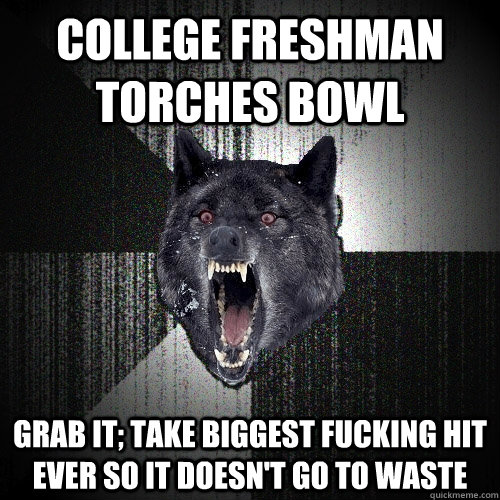 College freshman torches bowl grab it; take biggest fucking hit ever so it doesn't go to waste  Insanity Wolf