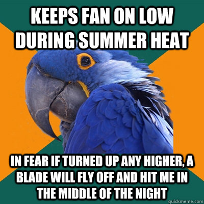 Keeps fan on low during summer heat in fear if turned up any higher, a blade will fly off and hit me in the middle of the night  Paranoid Parrot