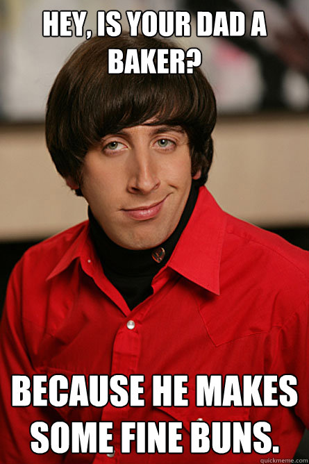 HEY, IS YOUR DAD A BAKER? BecAUSE HE MAKES SOME FINE BUNS. - HEY, IS YOUR DAD A BAKER? BecAUSE HE MAKES SOME FINE BUNS.  Pickup Line Scientist