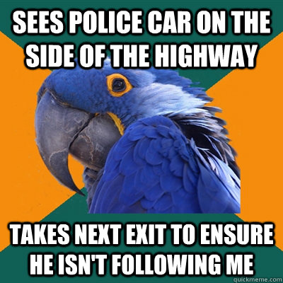 sees police car on the side of the highway takes next exit to ensure he isn't following me  Paranoid Parrot