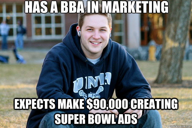 has a bba in marketing expects make $90,000 creating super bowl ads  - has a bba in marketing expects make $90,000 creating super bowl ads   Mature College Senior