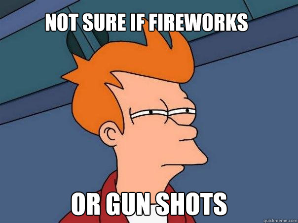Not sure if fireworks or gun shots  Futurama Fry