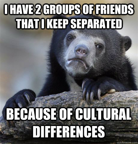 I HAVE 2 GROUPS OF FRIENDS THAT I KEEP SEPARATED BECAUSE OF CULTURAL DIFFERENCES  Confession Bear