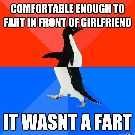comfortable enough to fart in front of girlfriend it wasnt a fart  Socially Awesome Awkward Penguin