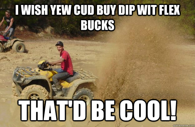 I WISH YEW CUD BUY DIP WIT FLEX BUCKS THAT'D BE COOL! - I WISH YEW CUD BUY DIP WIT FLEX BUCKS THAT'D BE COOL!  Wise redneck quotes