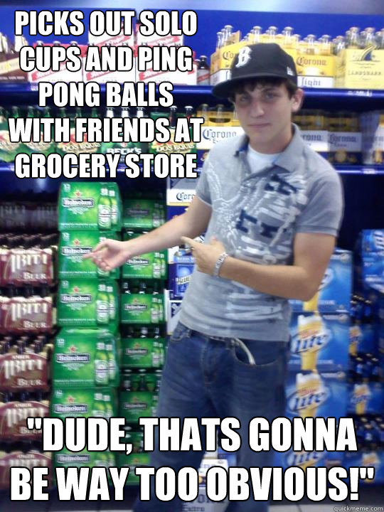 picks out solo cups and ping pong balls with friends at grocery store 