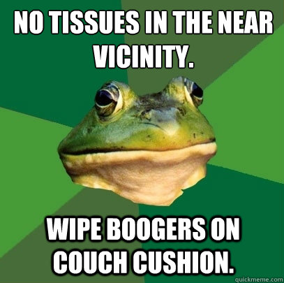 No tissues in the near vicinity. wipe boogers on couch cushion.  Foul Bachelor Frog