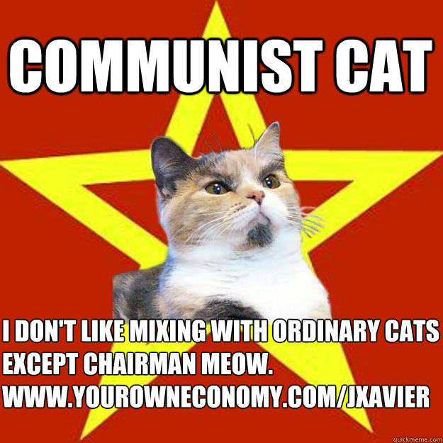Communist Cat I don't like mixing with ordinary cats
Except Chairman Meow.
www.yourowneconomy.com/jxavier  Lenin Cat