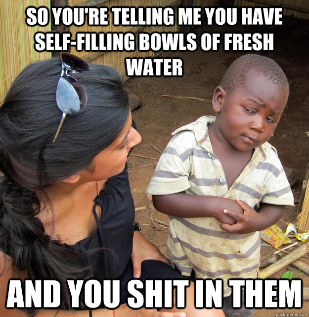 So you're telling me you have self-filling bowls of fresh water And you shit in them - So you're telling me you have self-filling bowls of fresh water And you shit in them  Skeptical3rdworld
