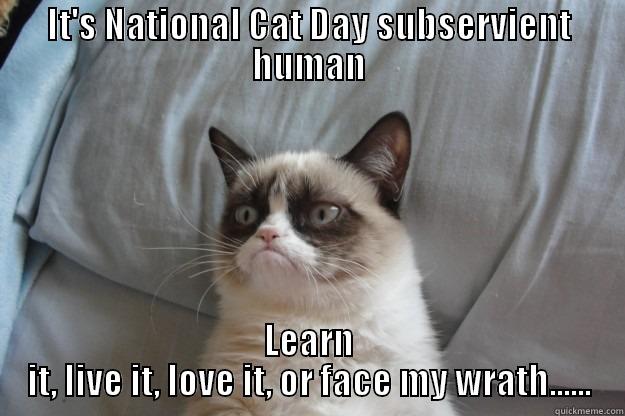 IT'S NATIONAL CAT DAY SUBSERVIENT HUMAN LEARN IT, LIVE IT, LOVE IT, OR FACE MY WRATH...... Grumpy Cat