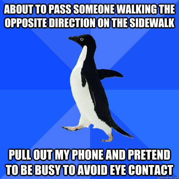 About to pass someone walking the opposite direction on the sidewalk Pull out my phone and pretend to be busy to avoid eye contact  Socially Awkward Penguin