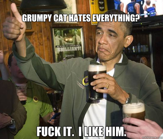 Grumpy cat hates everything? Fuck it.  I like him.  Upvoting Obama