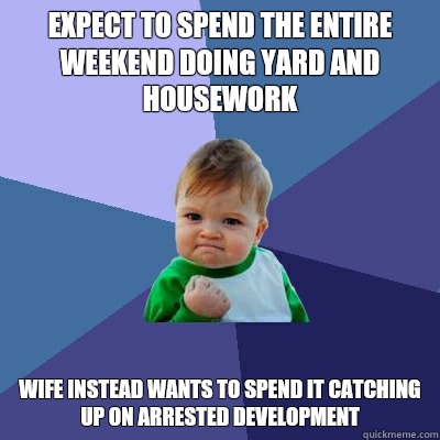 Expect to spend the entire weekend doing yard and housework Wife instead wants to spend it catching up on arrested development  Success Kid