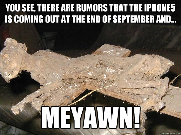 You see, there are rumors that the iphone5 is coming out at the end of september and... MEYAWN! - You see, there are rumors that the iphone5 is coming out at the end of september and... MEYAWN!  Uninterested Mummy Cat