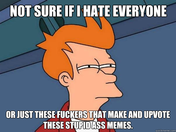 Not sure if I hate everyone Or just these fuckers that make and upvote these stupid ass memes.  Futurama Fry