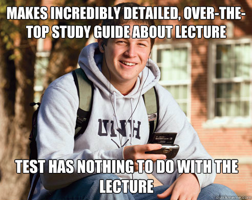 Makes incredibly detailed, over-the-top study guide about lecture slides test has nothing to do with the lecture  College Freshman