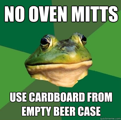 No oven mitts use cardboard from empty beer case  Foul Bachelor Frog