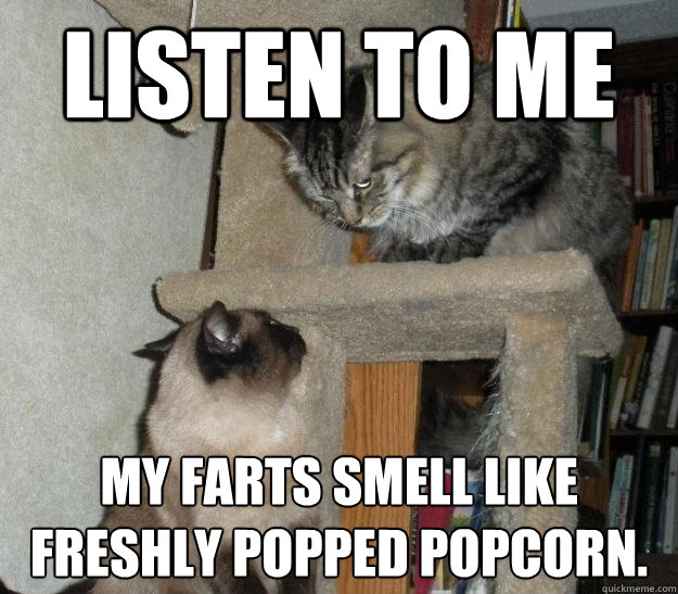 Listen to me My farts smell like freshly popped popcorn.  Battle Cats