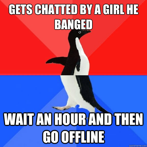 gets chatted by a girl he banged wait an hour and then go offline  Socially Awksome Penguin