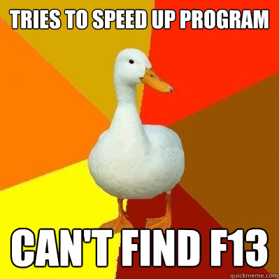 TRIES TO SPEED UP PROGRAM CAN'T FIND F13  Tech Impaired Duck