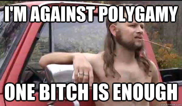 I'm against polygamy  One bitch is enough - I'm against polygamy  One bitch is enough  Almost Politically Correct Redneck