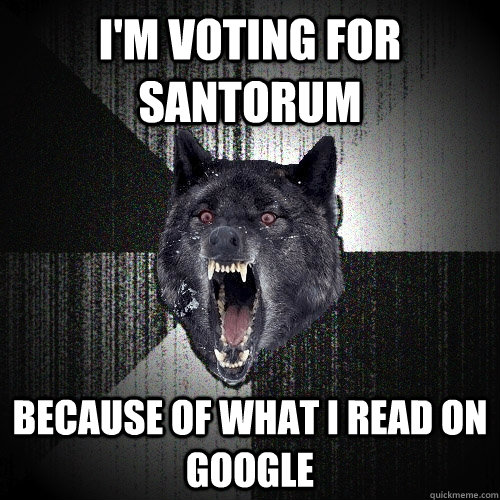 I'm voting for santorum because of what i read on google  Insanity Wolf
