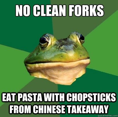 no clean forks eat pasta with chopsticks from chinese takeaway  Foul Bachelor Frog