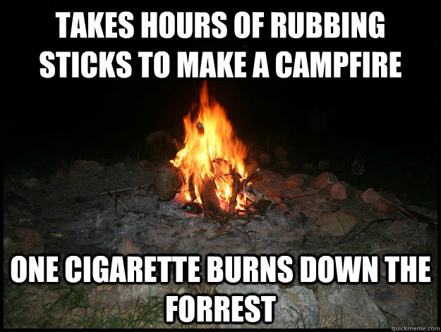 Takes hours of rubbing sticks to make a campfire One cigarette burns down the forrest - Takes hours of rubbing sticks to make a campfire One cigarette burns down the forrest  Scumbag Fire