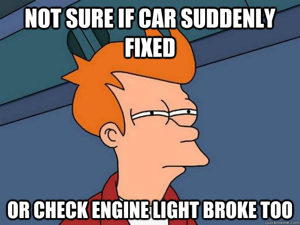 Not sure if car suddenly fixed Or check engine light broke too - Not sure if car suddenly fixed Or check engine light broke too  Futurama Fry