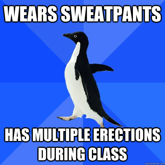 Wears sweatpants Has multiple erections during class  Socially Awkward Penguin