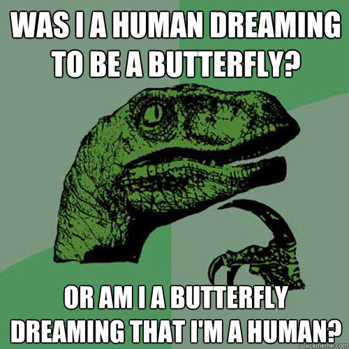 Was I a human dreaming to be a butterfly? Or am I a butterfly dreaming that I'm a human? - Was I a human dreaming to be a butterfly? Or am I a butterfly dreaming that I'm a human?  Philosoraptor