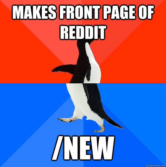Makes front page of Reddit /new  Socially Awesome Awkward Penguin
