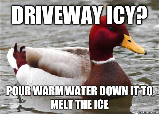 Driveway icy? pour warm water down it to melt the ice - Driveway icy? pour warm water down it to melt the ice  Malicious Advice Mallard