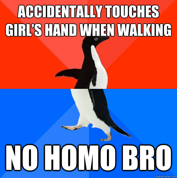 Accidentally touches girl’s hand when walking No homo bro   Socially Awesome Awkward Penguin