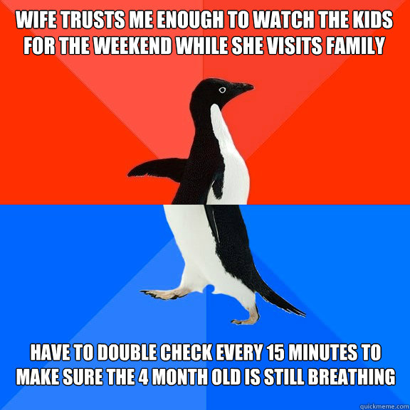 Wife trusts me enough to watch the kids for the weekend while she visits family Have to double check every 15 minutes to make sure the 4 month old is still breathing  Socially Awesome Awkward Penguin